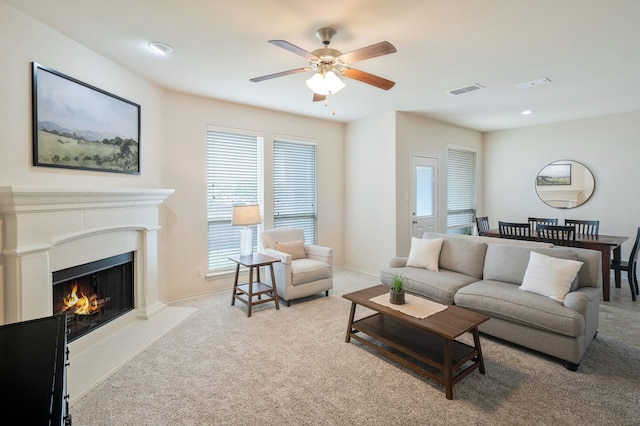 5420 Chinkapin Ln, Fort Worth, TX 76244 - carpeted living area featuring a ceiling fan, a lit fireplace, baseboards, and recessed lighting