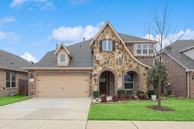 9117 Conroe Dr, Denton, TX 76226 - tudor-style house with brick siding, a front yard, a garage, a shingled roof, and concrete driveway