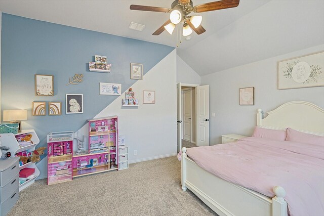9117 Conroe Dr, Denton, TX 76226 - carpeted bedroom featuring lofted ceiling, ceiling fan, and baseboards