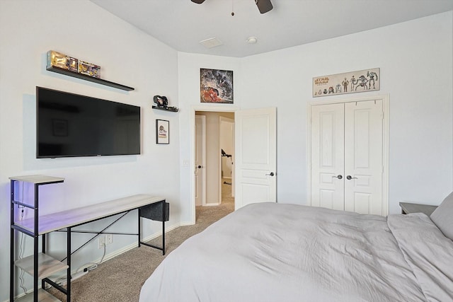 9117 Conroe Dr, Denton, TX 76226 - bedroom featuring carpet, baseboards, a closet, and ceiling fan
