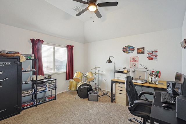 9117 Conroe Dr, Denton, TX 76226 - carpeted office with ceiling fan, vaulted ceiling, and baseboards
