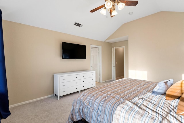 152 Leonard St, Lewisville, TX 75057 - bedroom featuring vaulted ceiling, light carpet, baseboards, and ceiling fan