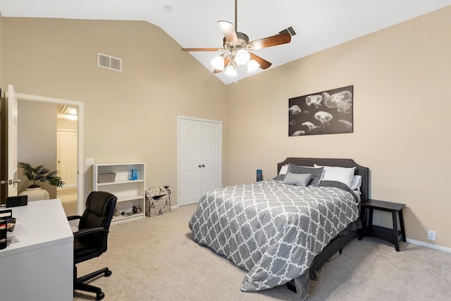 152 Leonard St, Lewisville, TX 75057 - bedroom featuring carpet floors, high vaulted ceiling, a desk, a closet, and a ceiling fan
