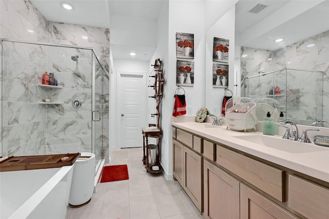 1134 Morgan Dr, Sherman, TX 75090 - full bathroom featuring a marble finish shower, double vanity, a soaking tub, recessed lighting, and tile patterned flooring