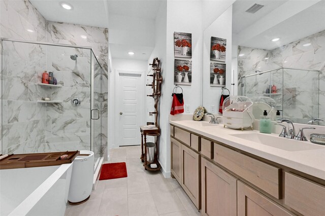 1134 Morgan Dr, Sherman, TX 75090 - full bathroom featuring a marble finish shower, double vanity, a soaking tub, recessed lighting, and tile patterned flooring