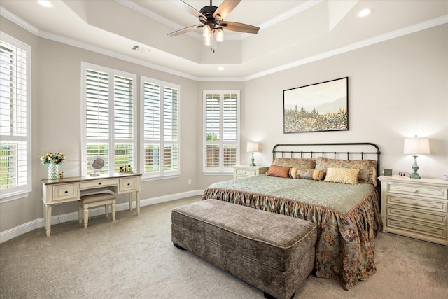 2141 Vanderbilt Dr, Weatherford, TX 76088 - bedroom featuring a tray ceiling, carpet floors, crown molding, recessed lighting, and baseboards