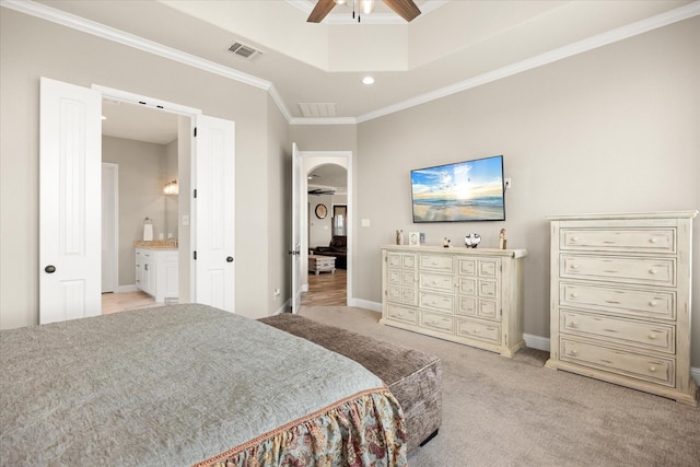 2141 Vanderbilt Dr, Weatherford, TX 76088 - bedroom with arched walkways, ornamental molding, light carpet, ensuite bathroom, and recessed lighting