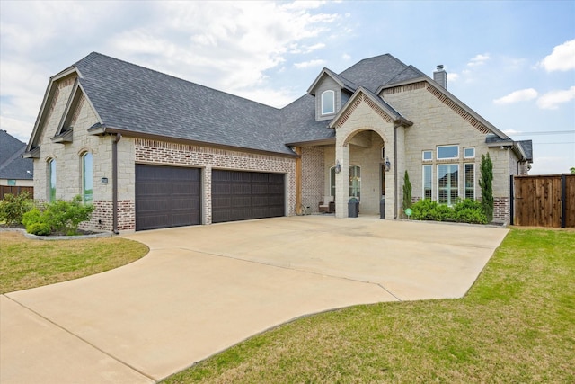 2141 Vanderbilt Dr, Weatherford, TX 76088 - french country inspired facade featuring roof with shingles, driveway, stone siding, a chimney, and a garage
