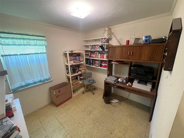 1229 Greenbrier Dr, Mesquite, TX 75149 - office featuring light flooring, a textured ceiling, and crown molding