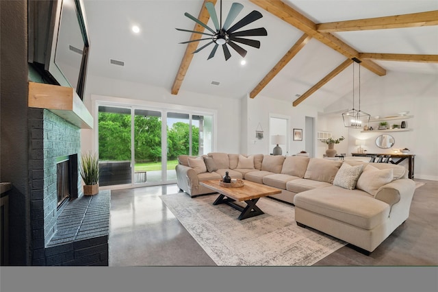 450 Cobb Ln, Waxahachie, TX 75167 - living room featuring ceiling fan, beam ceiling, a fireplace, recessed lighting, and high vaulted ceiling