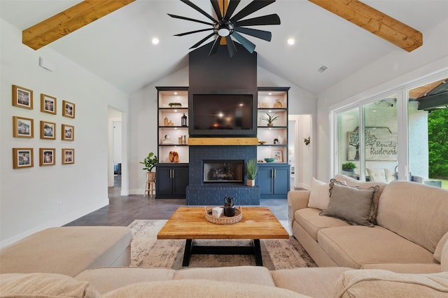 450 Cobb Ln, Waxahachie, TX 75167 - living room with a ceiling fan, a brick fireplace, baseboards, and recessed lighting