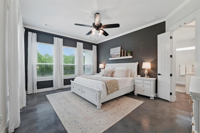 450 Cobb Ln, Waxahachie, TX 75167 - bedroom featuring finished concrete flooring, crown molding, a ceiling fan, baseboards, and ensuite bathroom