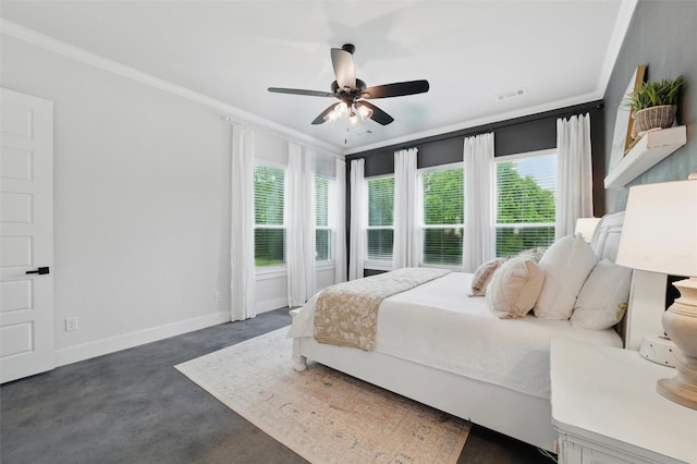 450 Cobb Ln, Waxahachie, TX 75167 - bedroom with crown molding, baseboards, a ceiling fan, and dark carpet