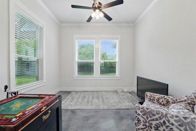 450 Cobb Ln, Waxahachie, TX 75167 - sitting room featuring concrete floors, ornamental molding, a ceiling fan, and baseboards