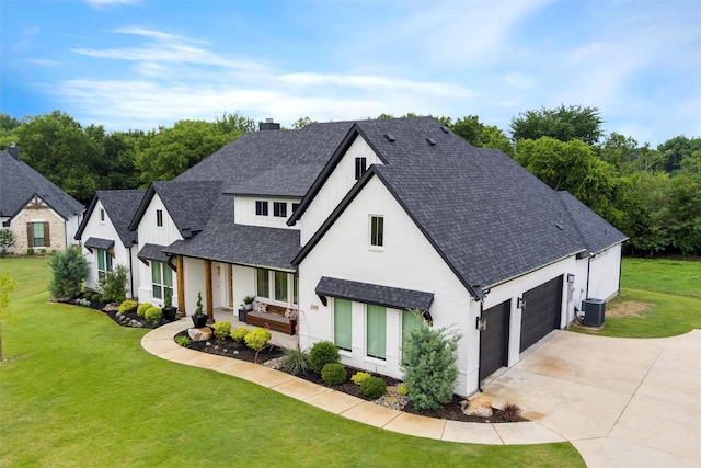 450 Cobb Ln, Waxahachie, TX 75167 - view of front facade with roof with shingles, an attached garage, central AC unit, concrete driveway, and a chimney