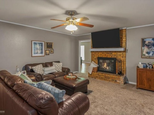 113 Park Blvd, Benton, LA 71006 - carpeted living area with a ceiling fan, crown molding, a fireplace, and baseboards