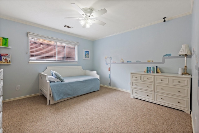 9402 Spring Hollow Dr, Dallas, TX 75243 - bedroom featuring crown molding, light carpet, baseboards, and ceiling fan
