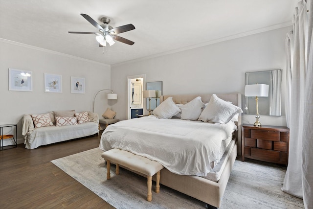 9402 Spring Hollow Dr, Dallas, TX 75243 - bedroom featuring ornamental molding, wood finished floors, ceiling fan, and connected bathroom