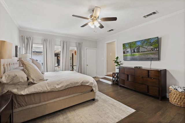 9402 Spring Hollow Dr, Dallas, TX 75243 - bedroom featuring dark wood-type flooring, ornamental molding, a ceiling fan, and baseboards