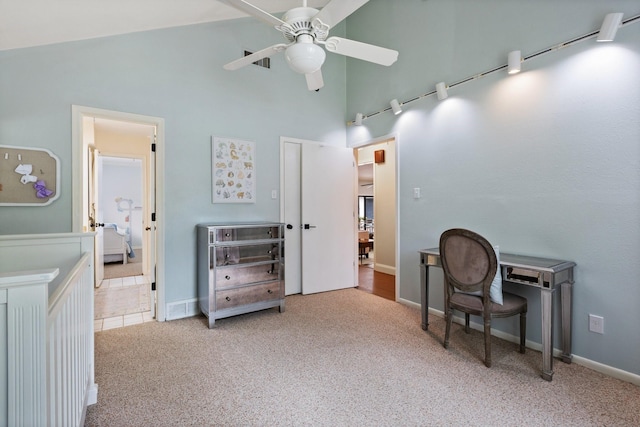 9402 Spring Hollow Dr, Dallas, TX 75243 - carpeted office space featuring high vaulted ceiling, a ceiling fan, and baseboards