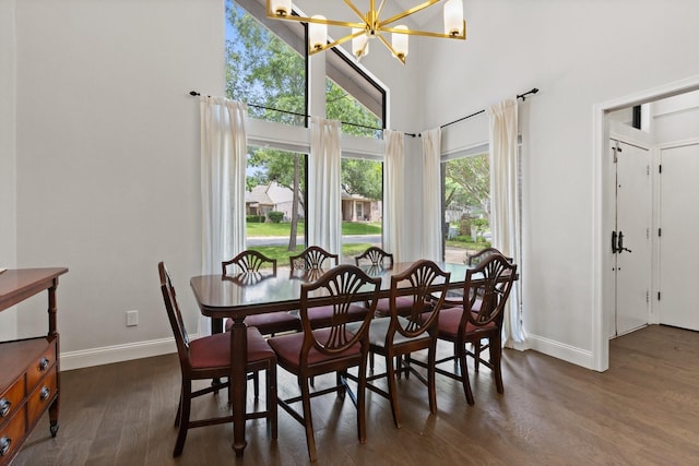 9402 Spring Hollow Dr, Dallas, TX 75243 - dining area featuring baseboards, a chandelier, dark wood finished floors, and a high ceiling