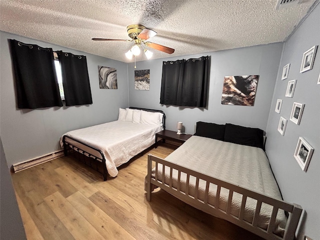 155 Saint Andrews Rd, Amarillo, TX 79118 - bedroom with light wood-type flooring, a baseboard radiator, a ceiling fan, a textured ceiling, and baseboards
