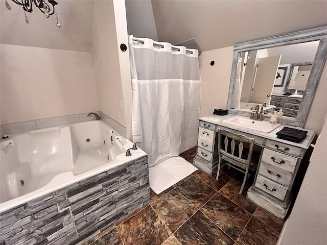155 Saint Andrews Rd, Amarillo, TX 79118 - full bathroom featuring a tub with jets, vanity, lofted ceiling, and curtained shower