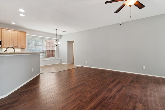 2125 Garden Crest Dr, Rockwall, TX 75087 - unfurnished living room with a ceiling fan, dark wood-style floors, recessed lighting, and baseboards