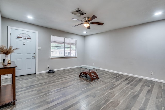1415 Swiss St, Arlington, TX 76010 - entryway with ceiling fan, wood finished floors, baseboards, and recessed lighting