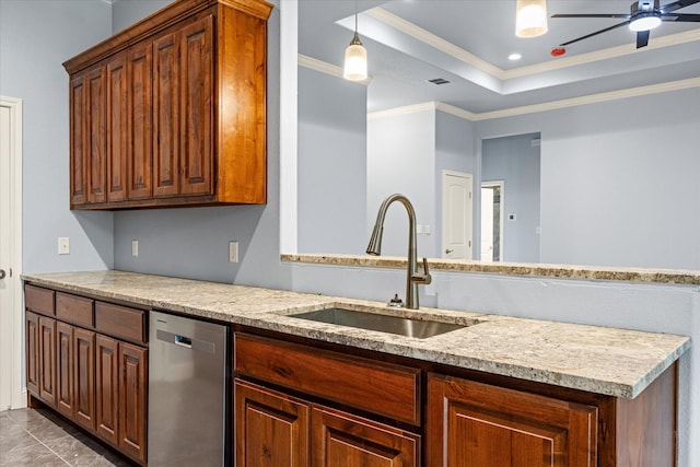 2615 San Gabriel Dr, Granbury, TX 76048 - kitchen featuring dishwasher, a sink, ornamental molding, a raised ceiling, and a ceiling fan