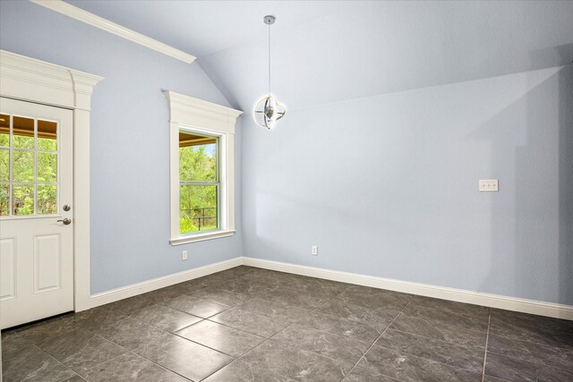 2615 San Gabriel Dr, Granbury, TX 76048 - unfurnished dining area with healthy amount of natural light, baseboards, ornamental molding, and vaulted ceiling