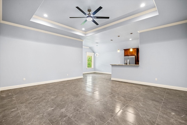 2615 San Gabriel Dr, Granbury, TX 76048 - unfurnished living room with a tray ceiling, ceiling fan, recessed lighting, ornamental molding, and baseboards