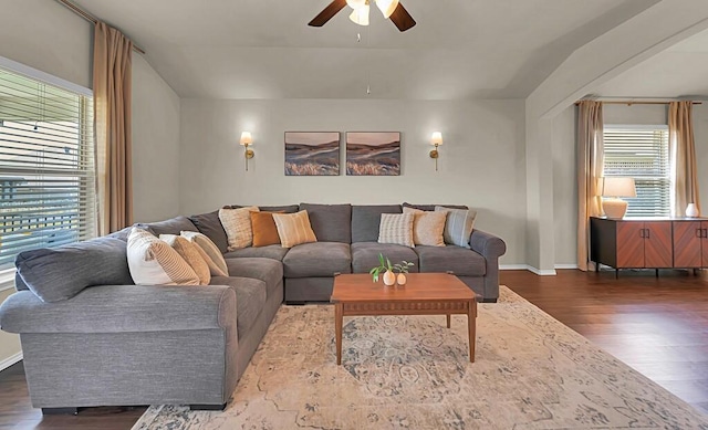 3200 Keathley Dr, Waco, TX 76655 - living room with ceiling fan, dark wood-style flooring, and baseboards