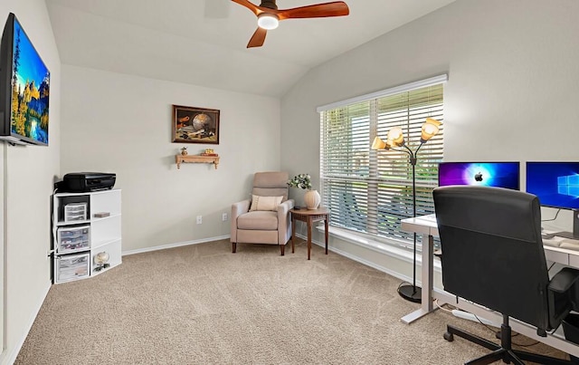 3200 Keathley Dr, Waco, TX 76655 - carpeted home office with vaulted ceiling, ceiling fan, and baseboards
