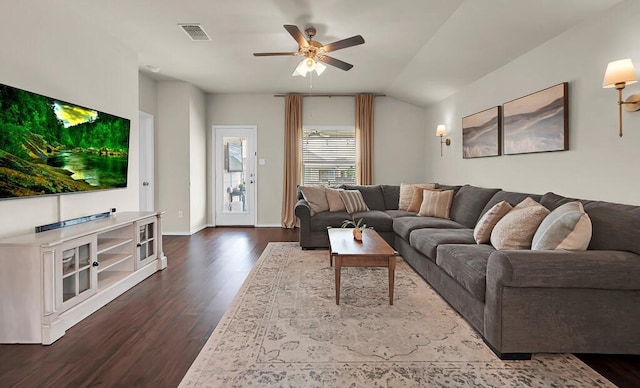 3200 Keathley Dr, Waco, TX 76655 - living area with dark wood-type flooring, a ceiling fan, baseboards, and lofted ceiling