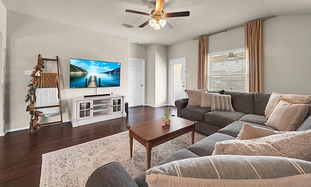 3200 Keathley Dr, Waco, TX 76655 - living room featuring wood finished floors, ceiling fan, baseboards, and vaulted ceiling