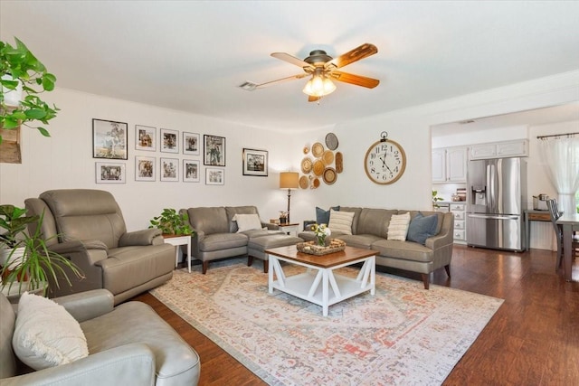 7844 Fairway Rd, Woodway, TX 76712 - living room featuring ceiling fan and dark wood-type flooring