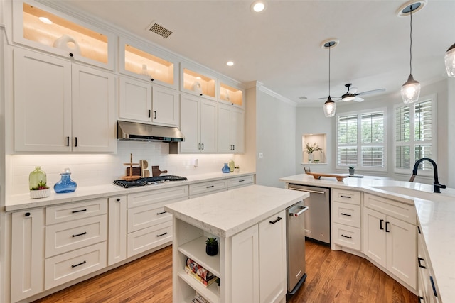 2403 Legend Dr, Heath, TX 75032 - kitchen featuring under cabinet range hood, a sink, appliances with stainless steel finishes, ceiling fan, and decorative light fixtures