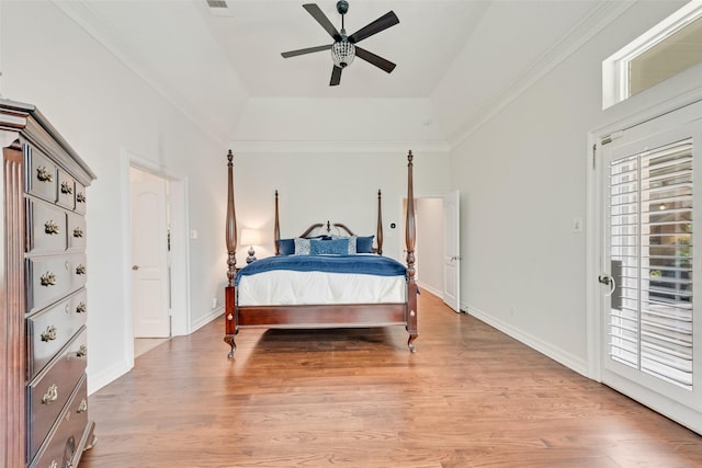 2403 Legend Dr, Heath, TX 75032 - bedroom with light wood-style flooring, crown molding, a ceiling fan, and baseboards