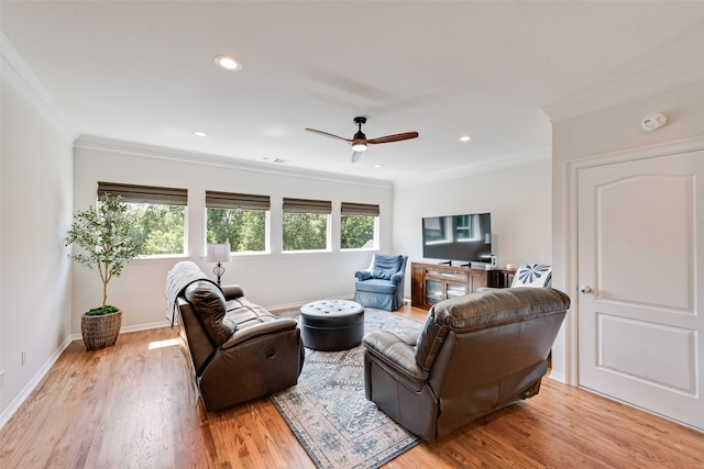 2403 Legend Dr, Heath, TX 75032 - living room with a ceiling fan, light wood-type flooring, ornamental molding, baseboards, and recessed lighting