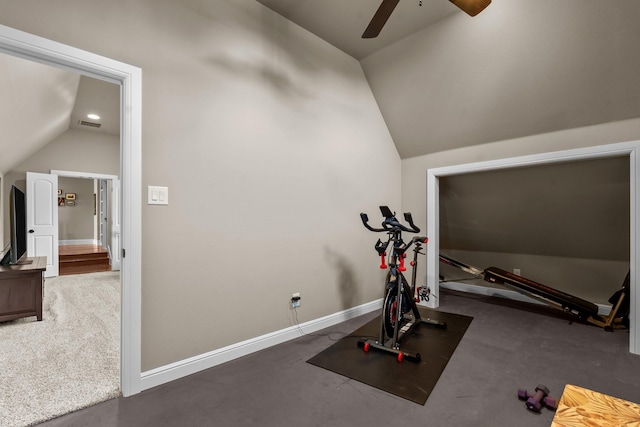 145 Sanchez Trl, Aledo, TX 76008 - exercise room featuring vaulted ceiling, ceiling fan, and baseboards