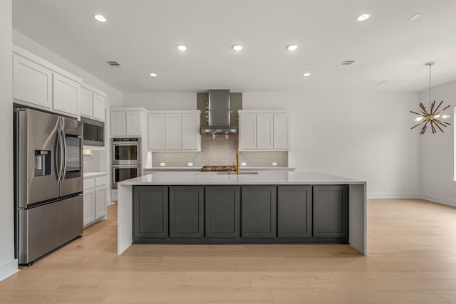 14085 Nicollet Dr, Frisco, TX 75033 - kitchen with appliances with stainless steel finishes, wall chimney range hood, white cabinets, backsplash, and light countertops