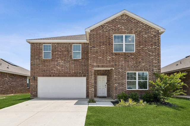 1421 Ancer Way, Fort Worth, TX 76052 - traditional-style house with brick siding, an attached garage, concrete driveway, and a front lawn