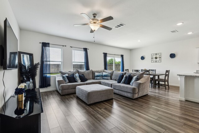 1421 Ancer Way, Fort Worth, TX 76052 - living area featuring ceiling fan, wood finished floors, recessed lighting, and baseboards