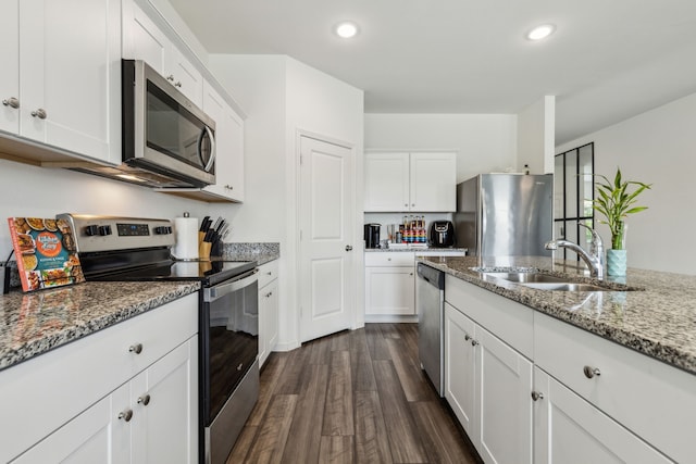 1421 Ancer Way, Fort Worth, TX 76052 - kitchen featuring appliances with stainless steel finishes, a sink, dark wood finished floors, white cabinetry, and recessed lighting