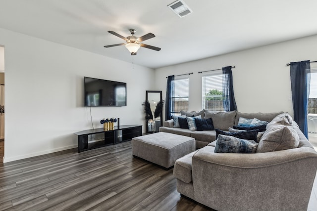1421 Ancer Way, Fort Worth, TX 76052 - living area featuring dark wood-style floors and a ceiling fan