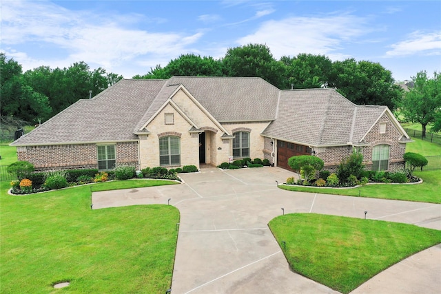 3042 Preston Club Dr, Sherman, TX 75092 - french country style house with stone siding, a front lawn, a garage, driveway, and brick siding