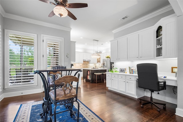 3042 Preston Club Dr, Sherman, TX 75092 - home office featuring ceiling fan, dark wood-style flooring, crown molding, recessed lighting, and baseboards