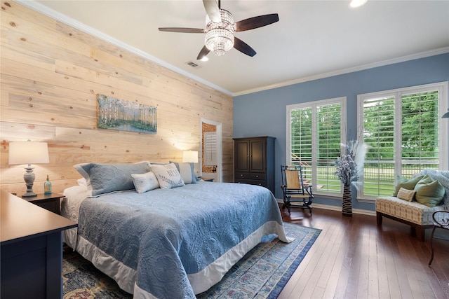 3042 Preston Club Dr, Sherman, TX 75092 - bedroom with wood walls, crown molding, dark wood-style floors, baseboards, and ceiling fan