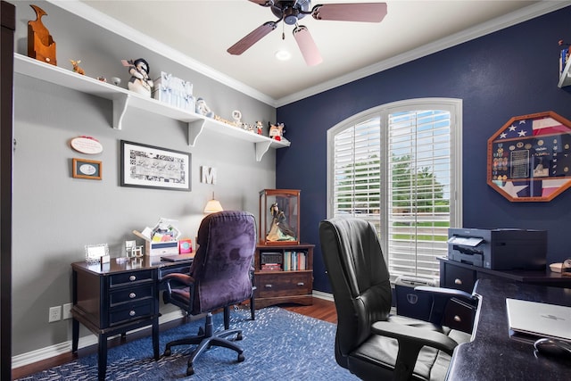 3042 Preston Club Dr, Sherman, TX 75092 - office space featuring a ceiling fan, baseboards, wood finished floors, and crown molding